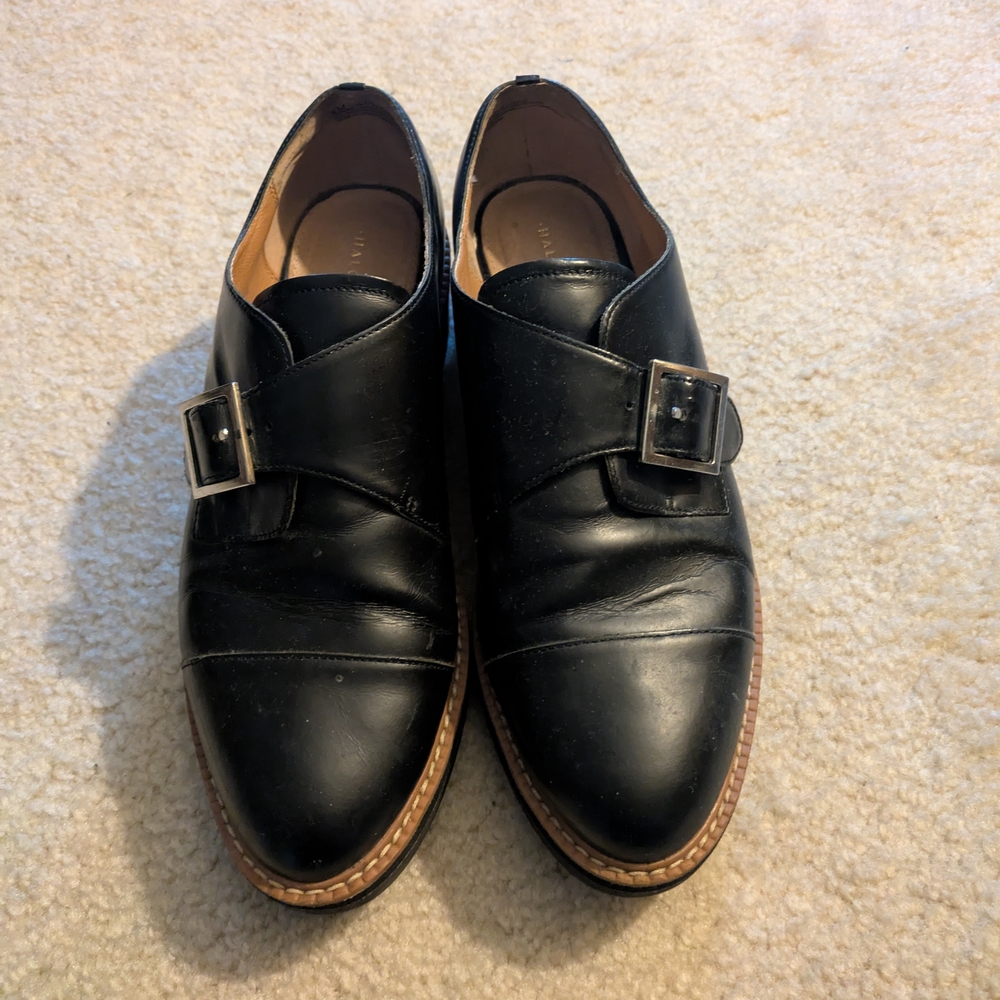 Women's Black Leather Monkstrap Buckle Shoes